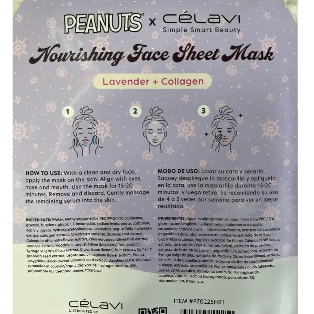 Celavi Peanuts Snoopy Nourishing Face Mask Lavender Collagen Hydrating Sheet